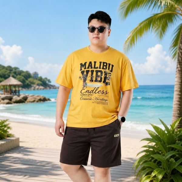 Áo thun kết hợp với quần short basic big size phối đồ đi biển