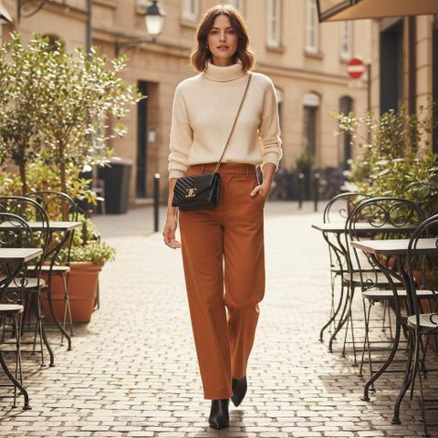 Áo len cổ lọ + quần ống suông + túi xách mini