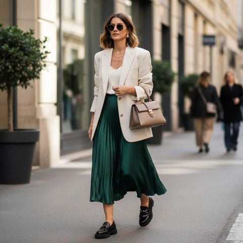 Blazer + chân váy midi + giày lười kiểu dáng hiện đại