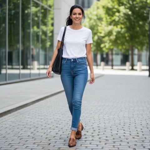 Áo phông + quần jeans + giày lười da