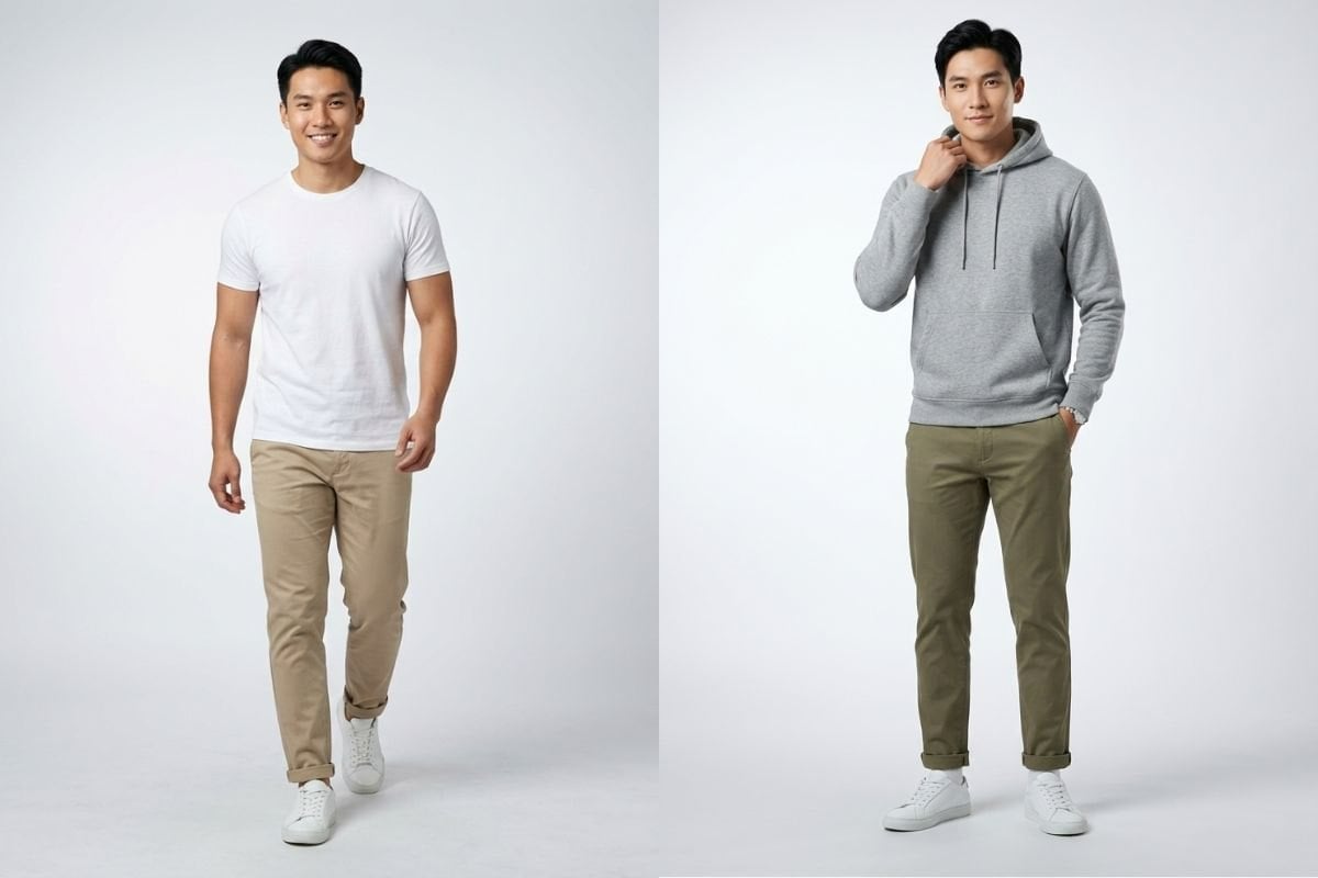 Quần kaki phối giày thể thao, giày sneaker