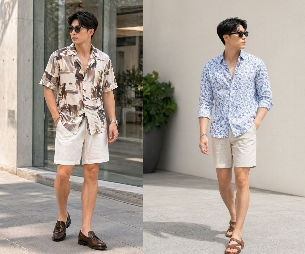 Sơ mi họa tiết phối short linen nổi bật