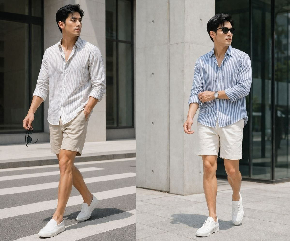 Sơ mi kẻ sọc cùng short linen trẻ trung
