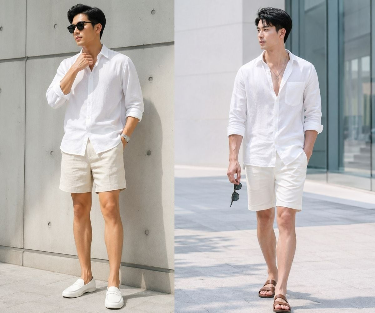 Sơ mi trắng phối short linen thanh lịch