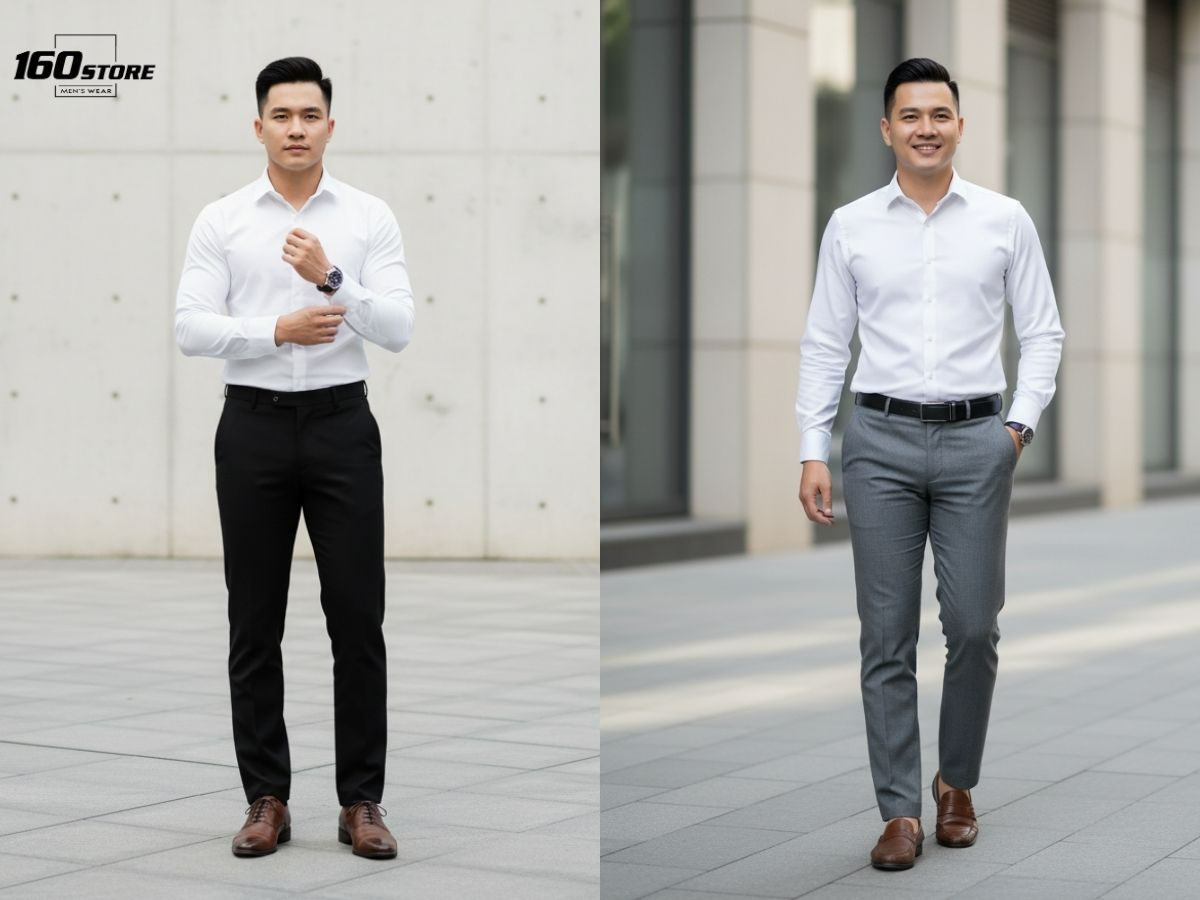 Áo sơ mi trắng phối cùng quần tây slim-fit tôn dáng