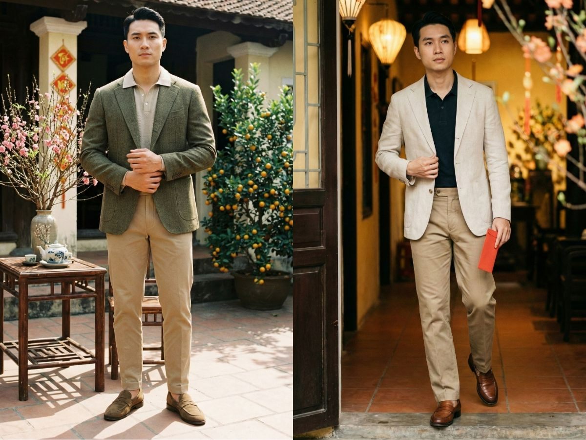 Blazer và polo cùng quần kaki, giày lười