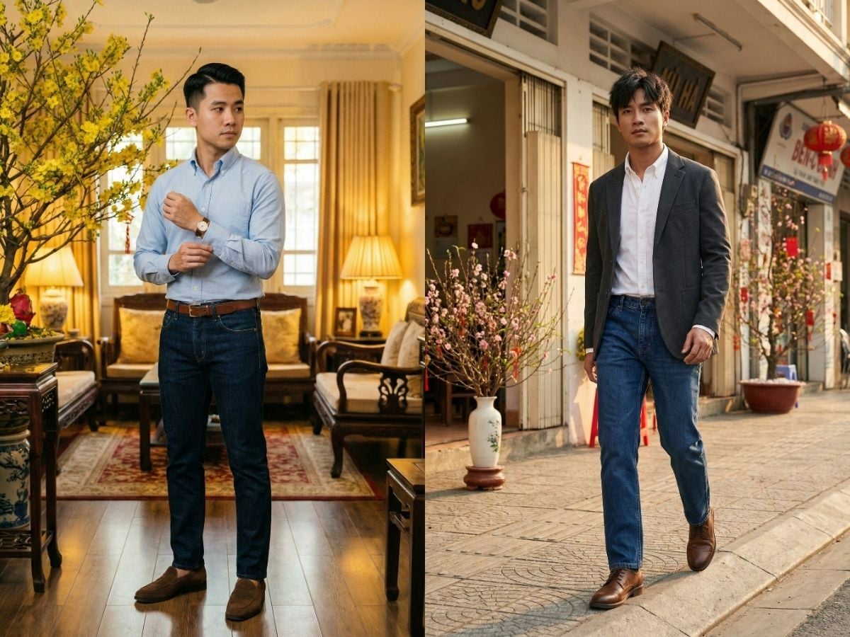 Quần jeans phối áo sơ mi đi chúc Tết lịch sự