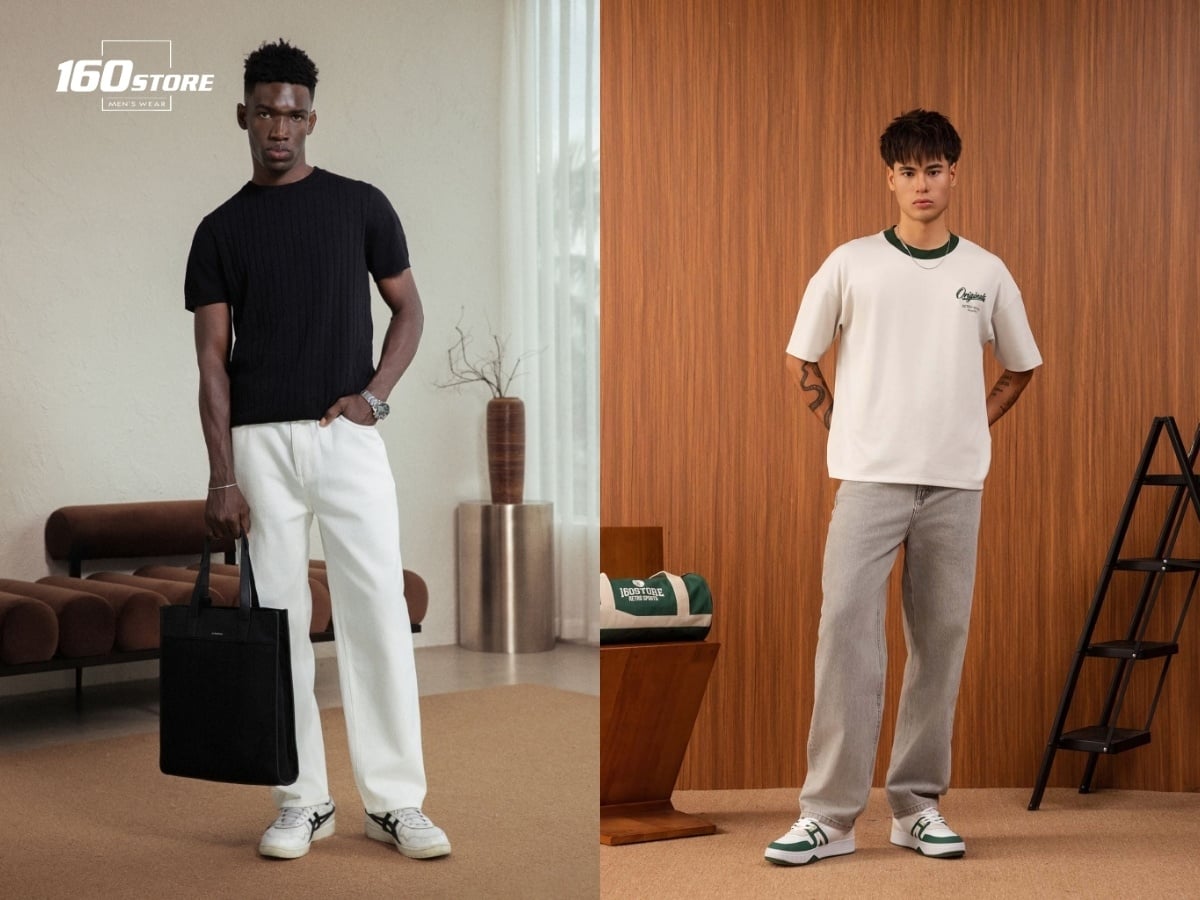 Áo thun trơn và quần jeans tối màu dáng đứng