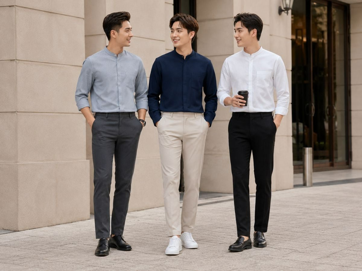 Sơ mi cổ trụ phối quần slim straight, tối giản nhưng khác biệt