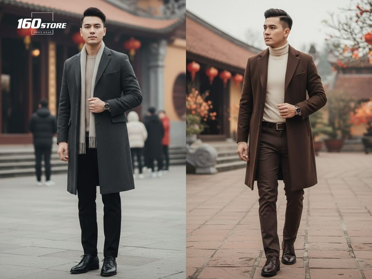 Phối áo khoác dạ dáng dài với quần tối màu trang trọng, lịch sự