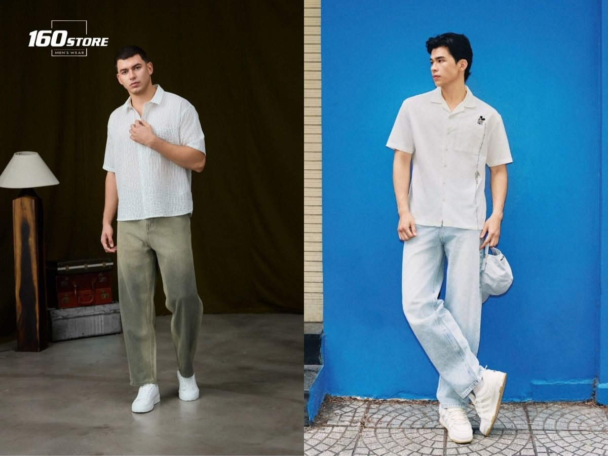 Outfit sơ mi ngắn tay và quần jeans gần gũi và chuyên nghiệp