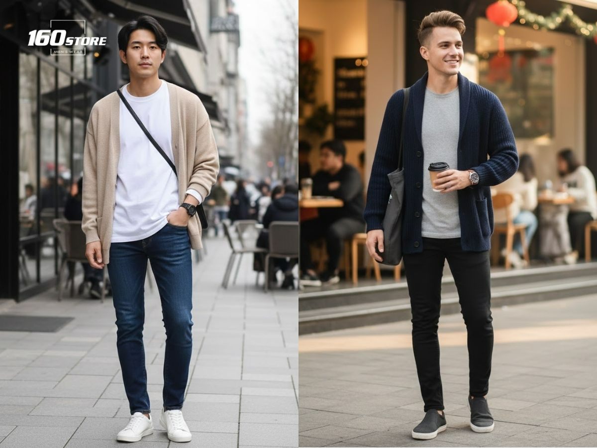 Cardigan và áo thun tay dài với quần jeans là set đồ năng động