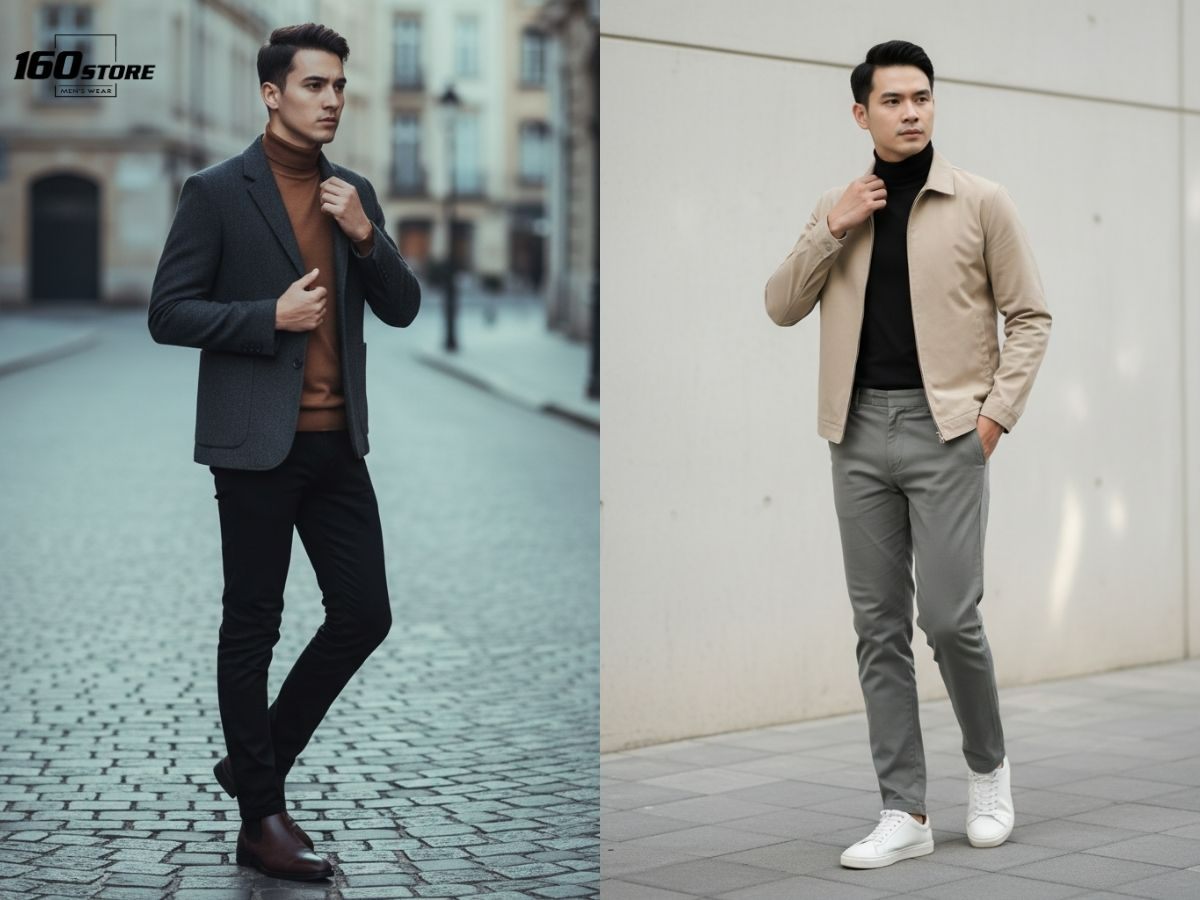 Nam gầy phối đồ với áo khoác dáng dài và áo len cổ lọ