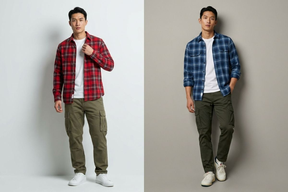 Phối quần cargo túi hộp với áo sơ mi flannel