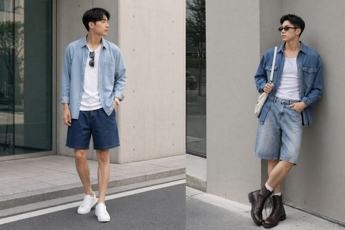 Quần short jean baggy và áo sơ mi denim