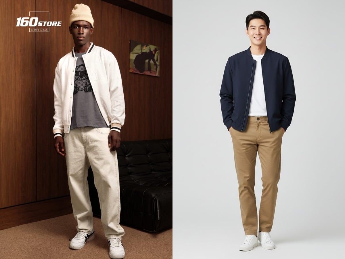 Diện áo khoác bomber tối giản và quần kaki tạo phong cách gọn gàng, hiện đại