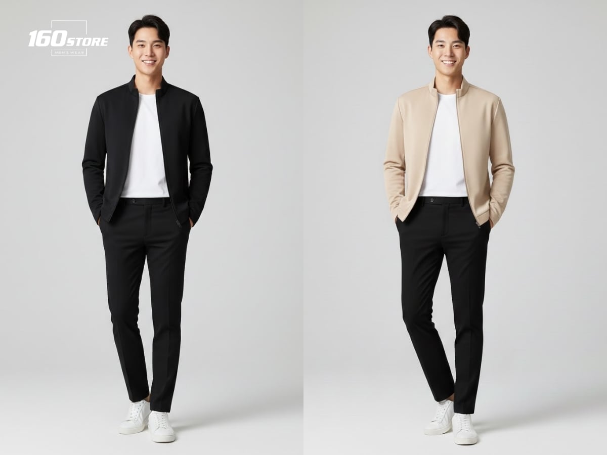 Áo khoác zip gọn và áo thun trơn đơn giản mà thu hút