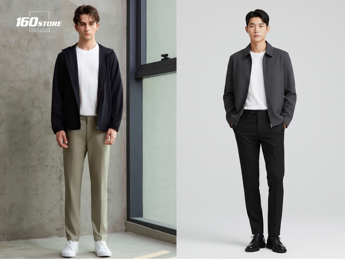 Áo khoác zip và áo thun cùng quần tây đơn giản nhưng vẫn bảnh bao