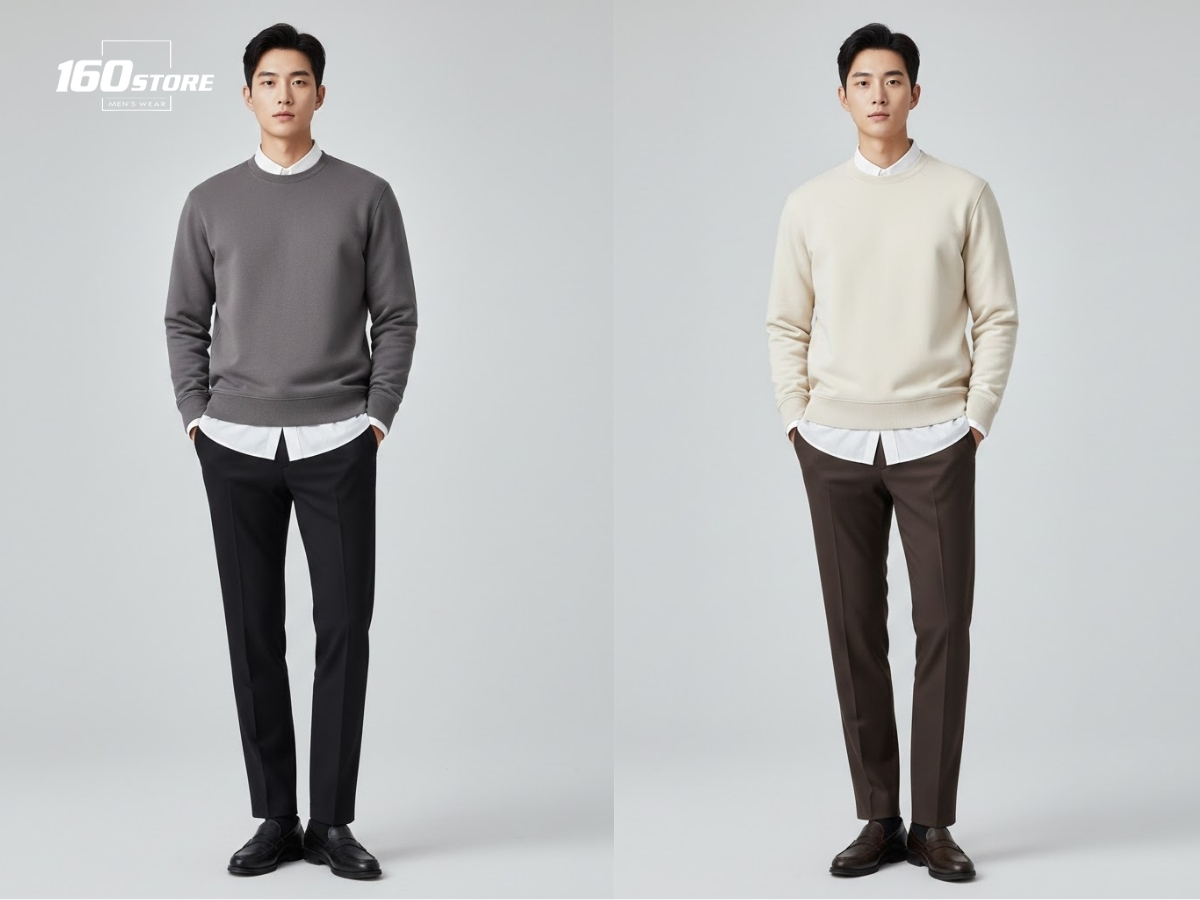 Phối áo sơ mi có cổ bên trong áo nỉ tạo diện mạo vừa năng động vừa chỉn chu