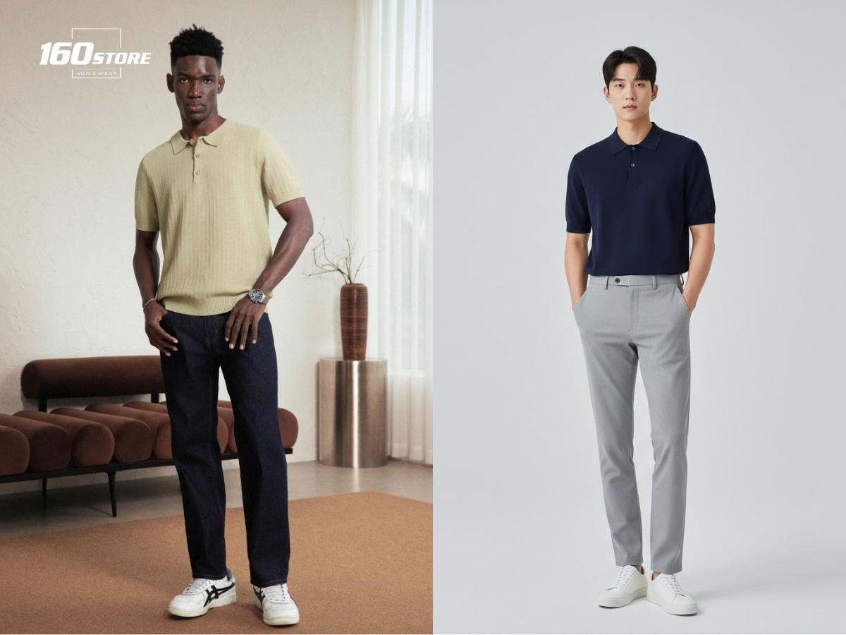 Áo polo dệt và quần dài gọn form tạo cảm giác đứng dáng, lịch lãm