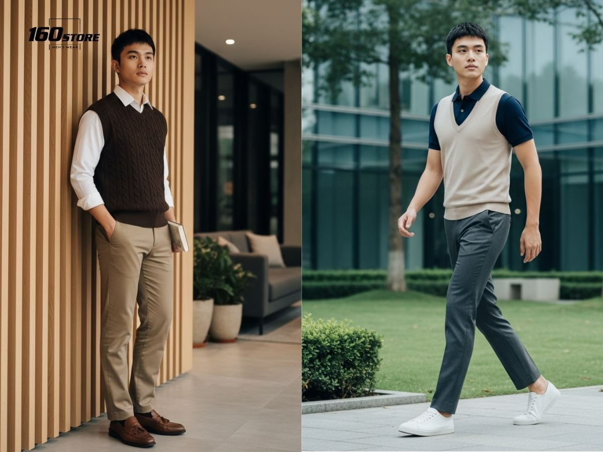 Áo polo phối áo gile len