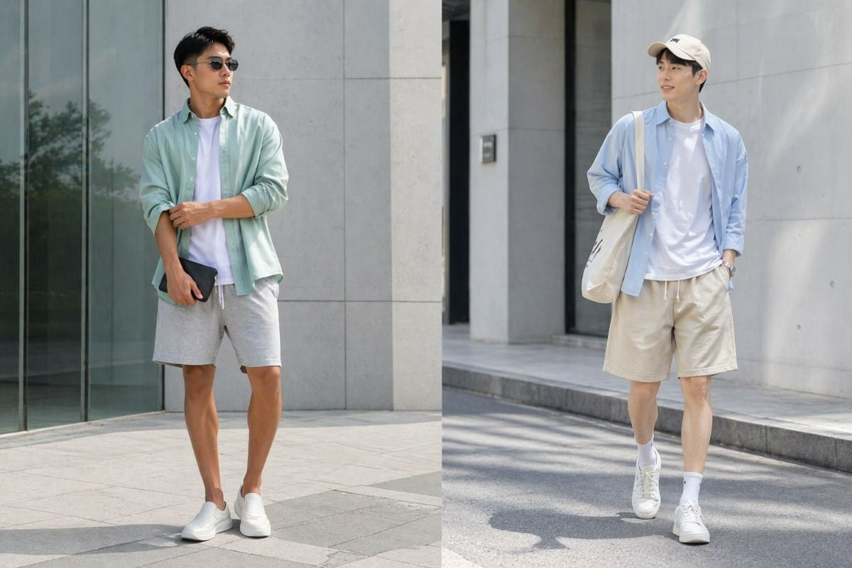 Layering nhẹ với áo sơ mi xanh và quần short baggy