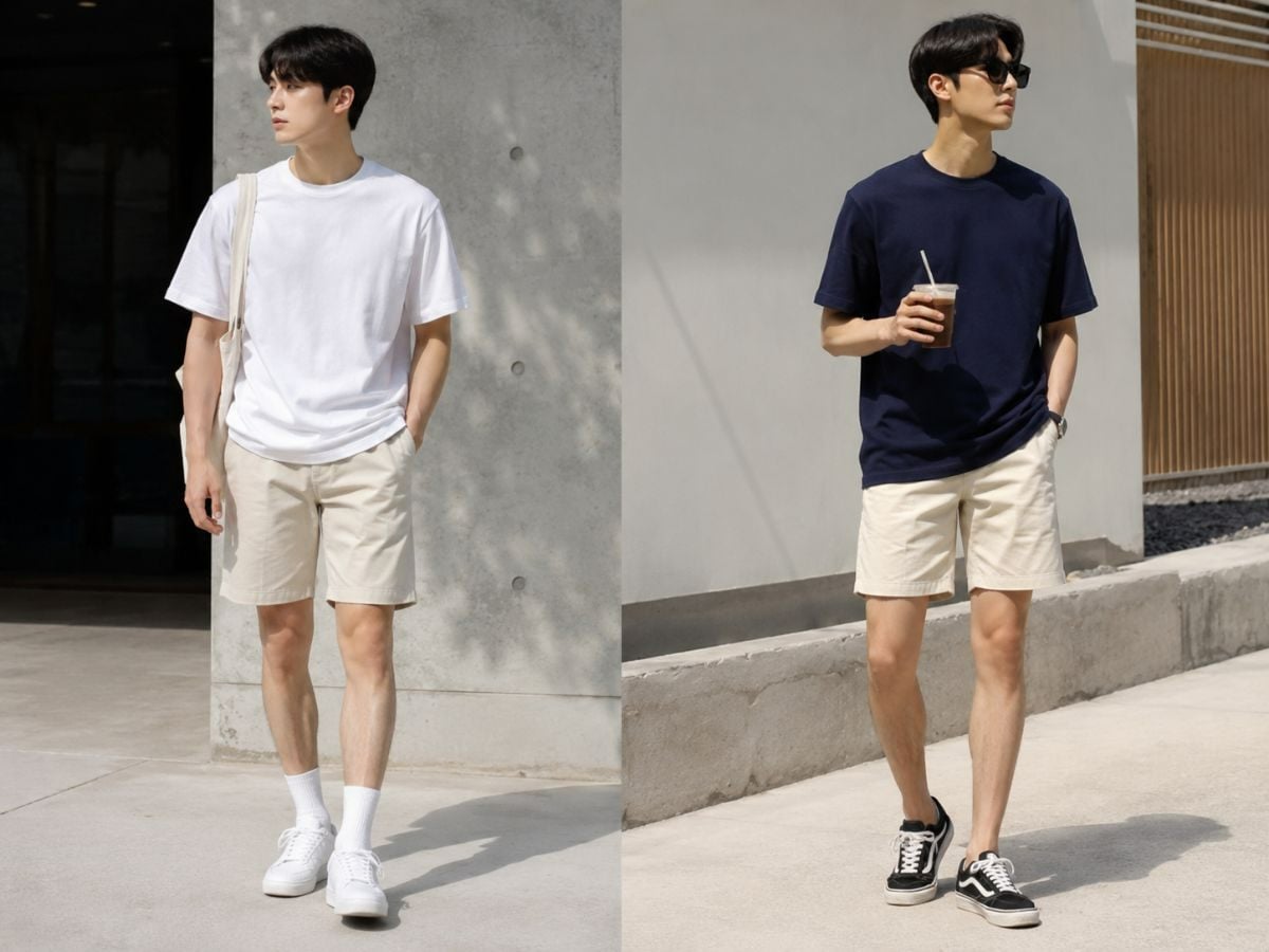 Áo thun basic phối quần short kaki tạo vẻ ngoài gọn gàng, năng động