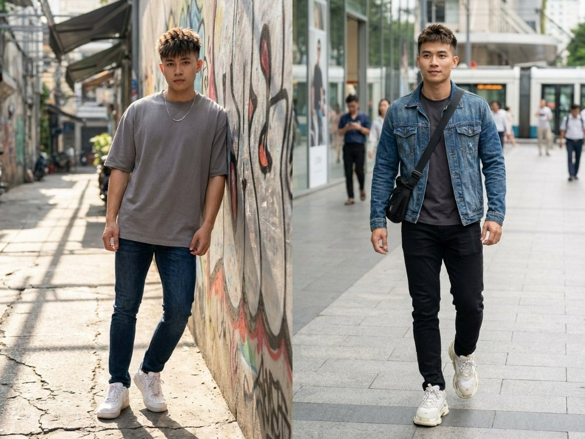 Năng động, tự tin với áo thun ghi và quần jeans tối màu