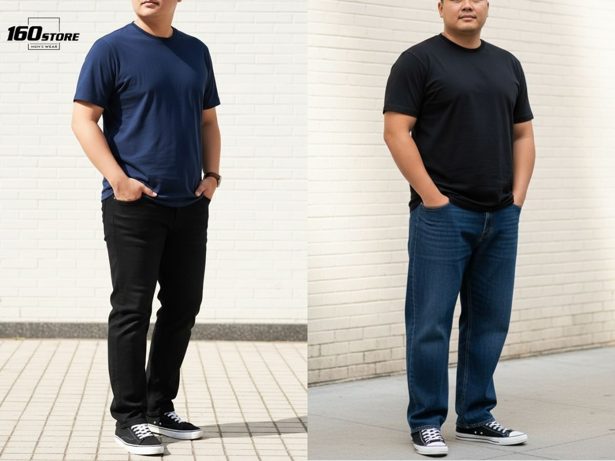 Phối đồ basic nam mập với áo thun và quần jeans ống rộng