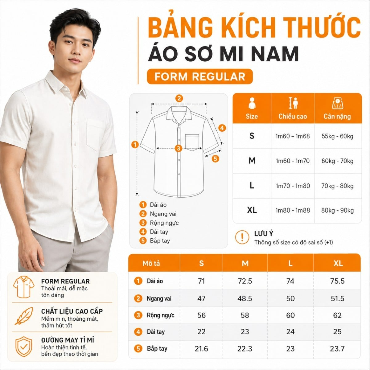 Bảng size áo sơ mi nam form regular