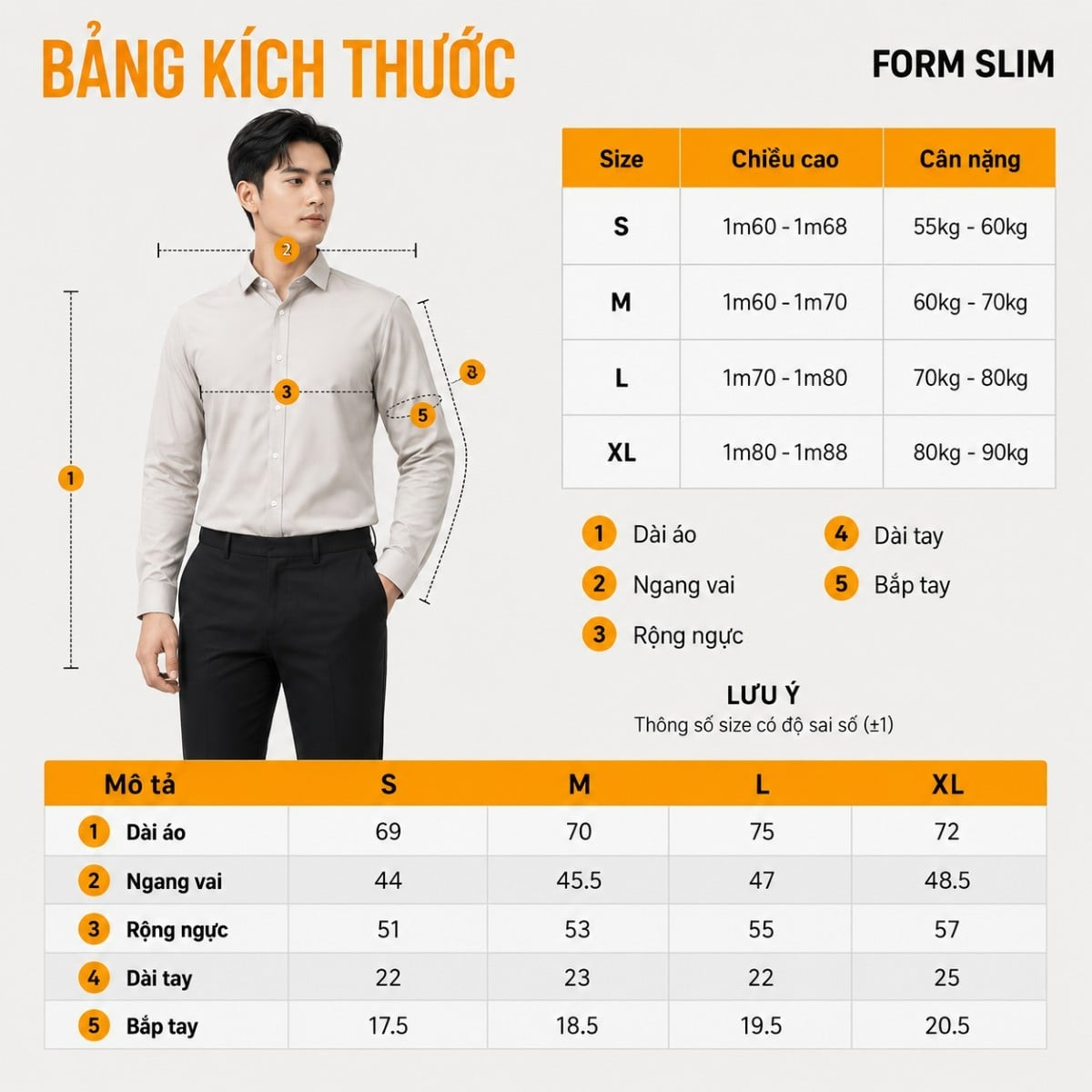 Bảng size áo sơ mi nam form slim
