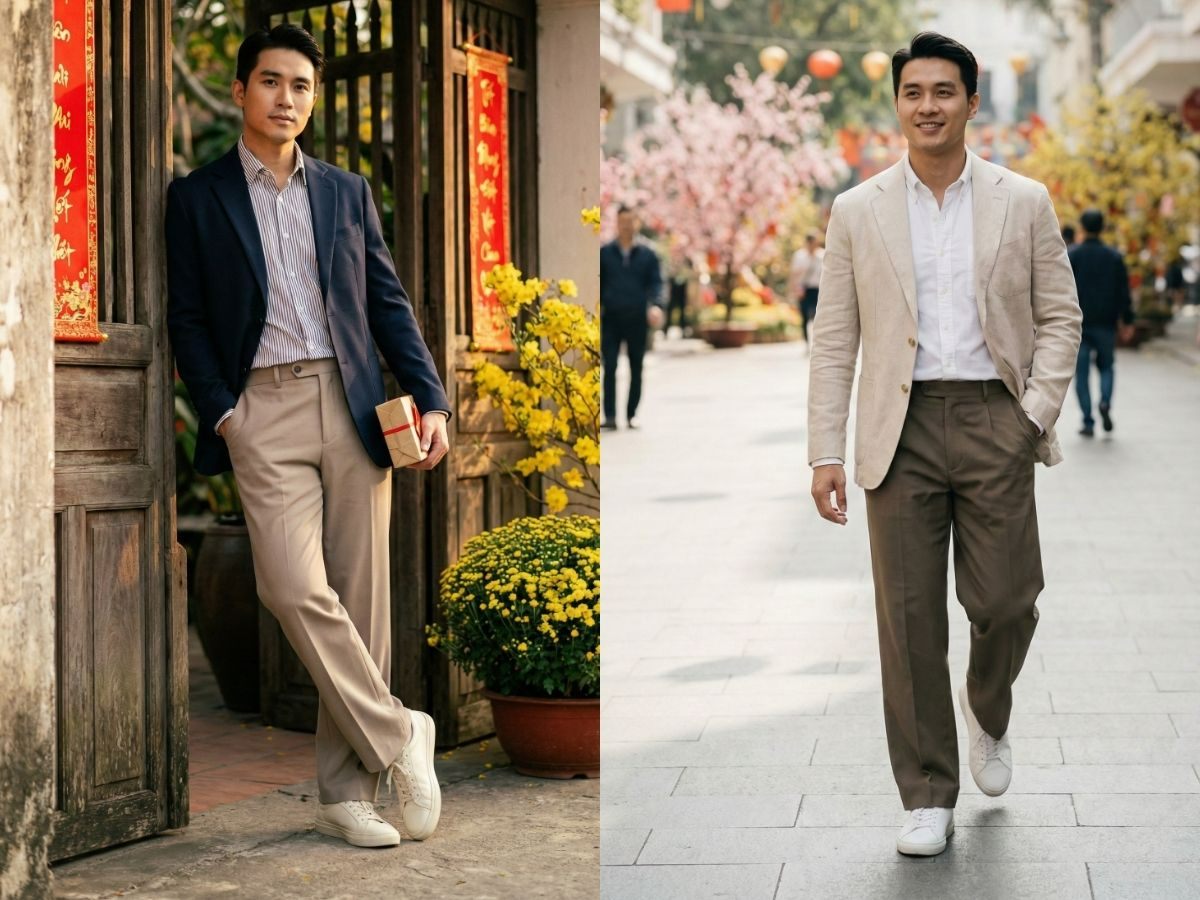 Blazer và áo thun trơn cùng quần tây dáng đứng