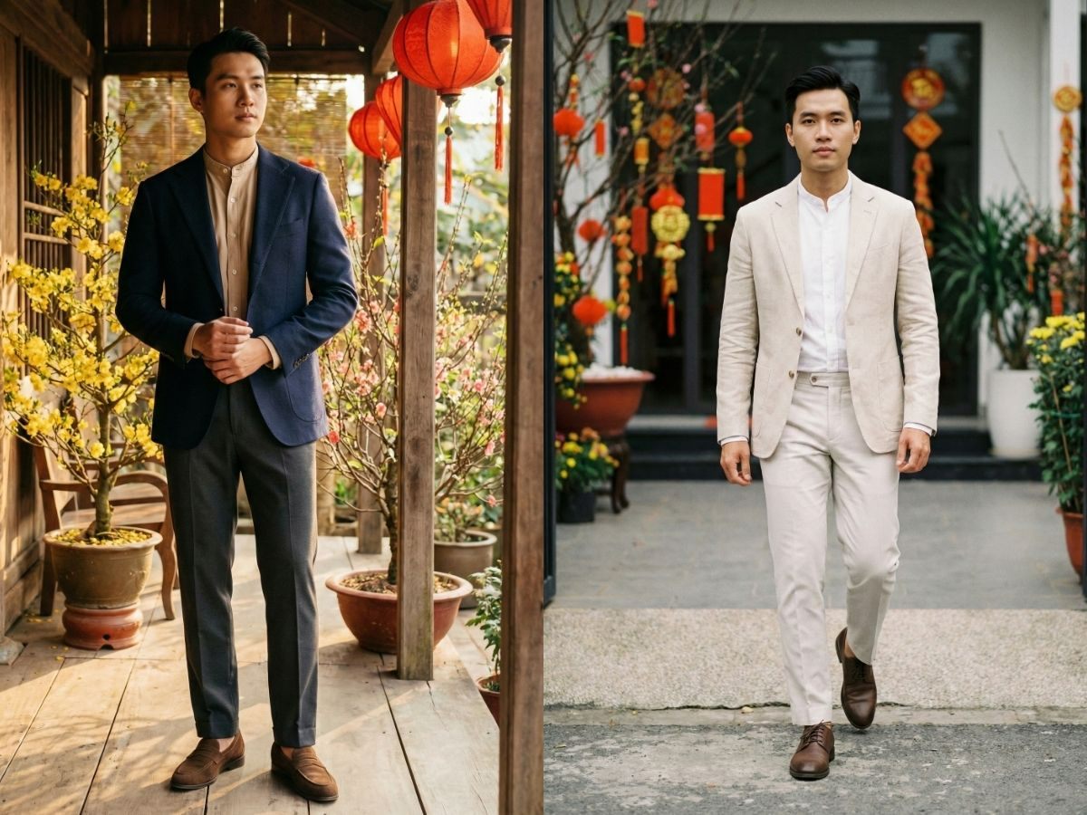 Blazer và sơ mi cổ tàu cùng quần dài tối giản