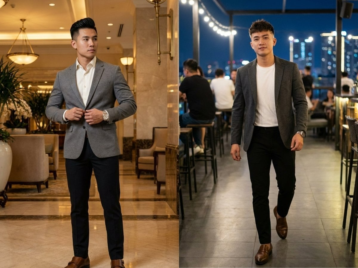 Sang trọng, ấn tượng với blazer xám và giày da nâu
