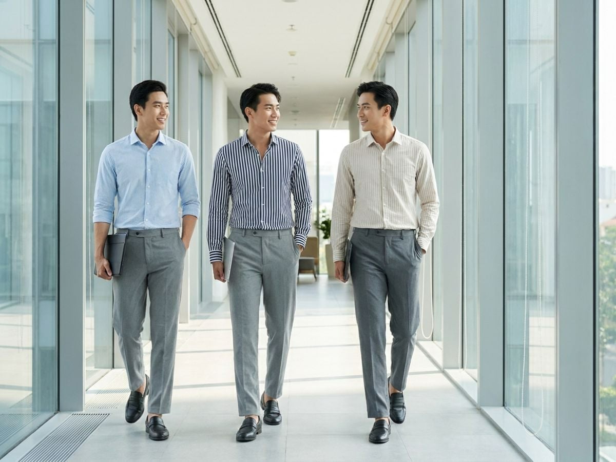 Sơ mi sọc phối quần xám giúp vóc dáng cao ráo