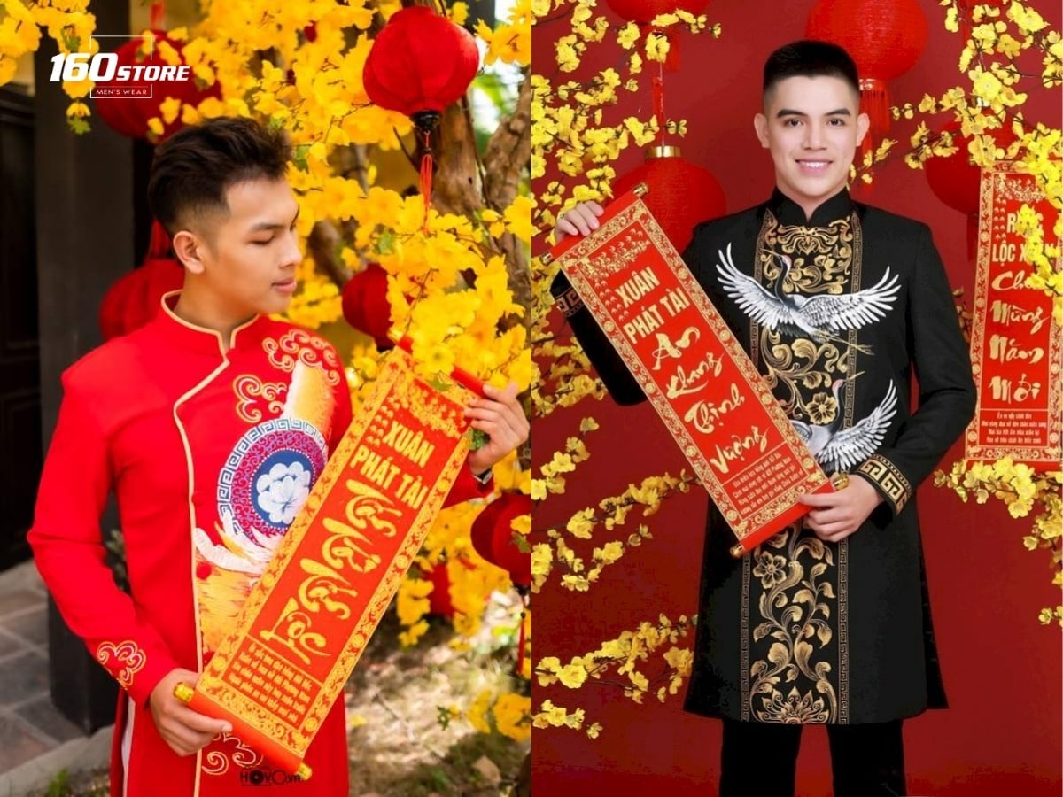 Cầm câu đối đỏ chụp ảnh Tết