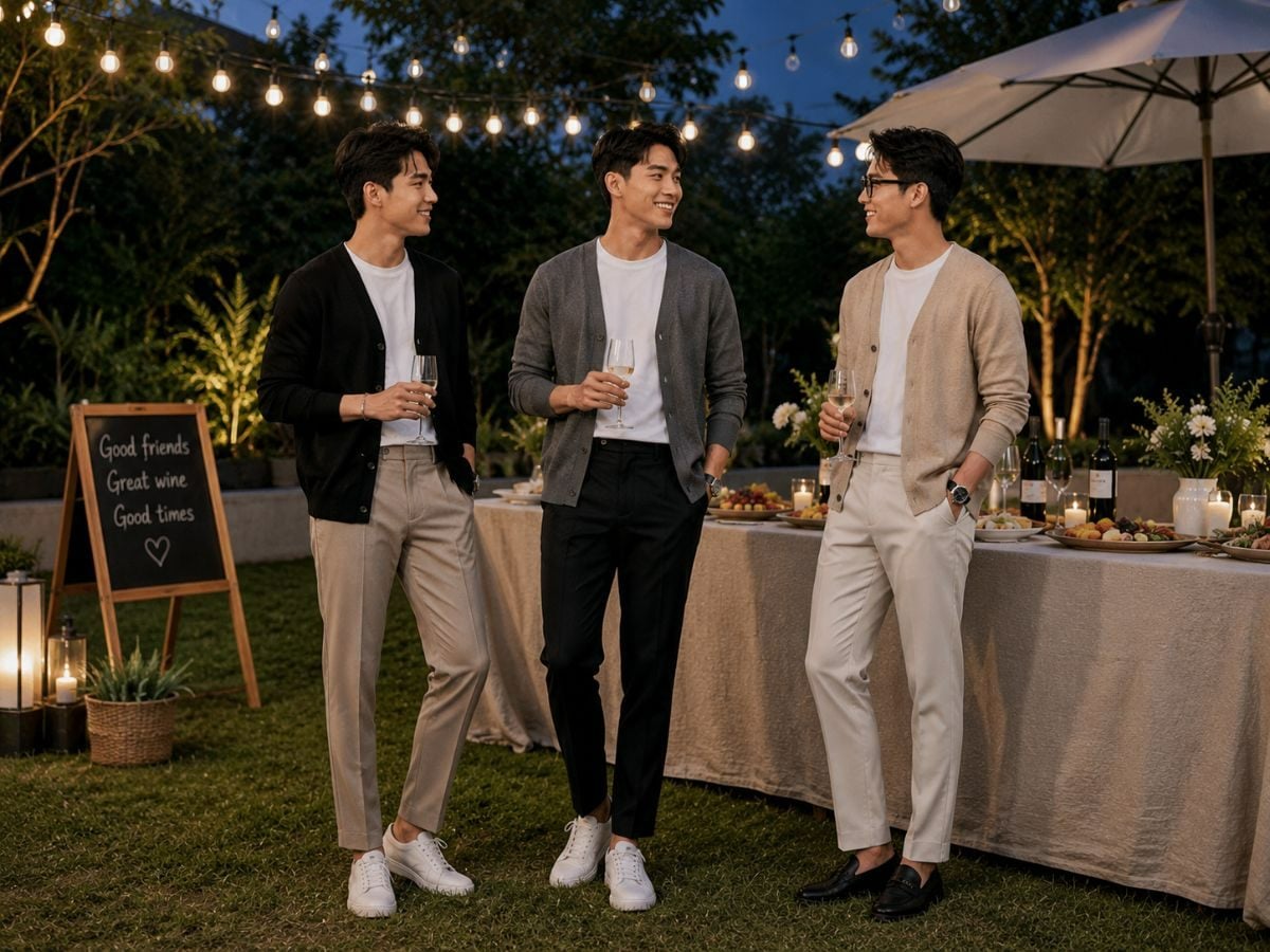 Cardigan phối áo thun và quần tapered, hợp tiệc ngoài trời se mát