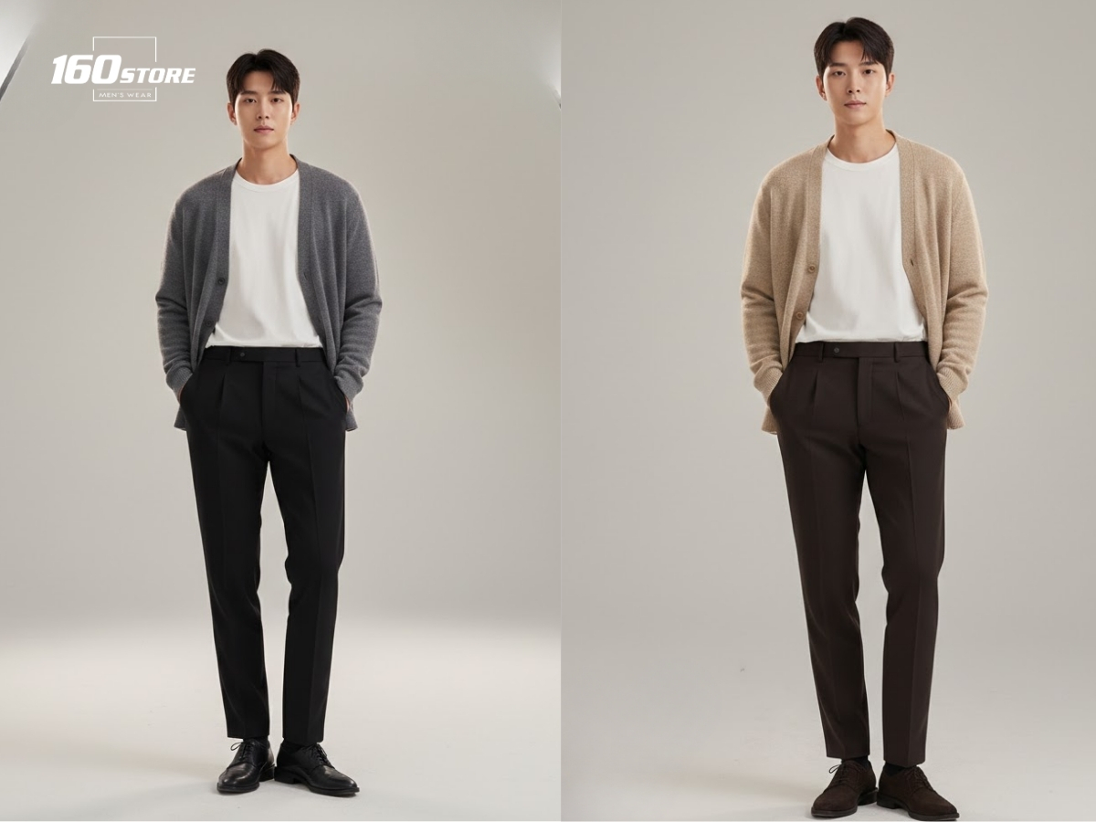 Cardigan và áo thun cùng quần tây tạo diện mạo chuẩn soái ca Hàn Quốc