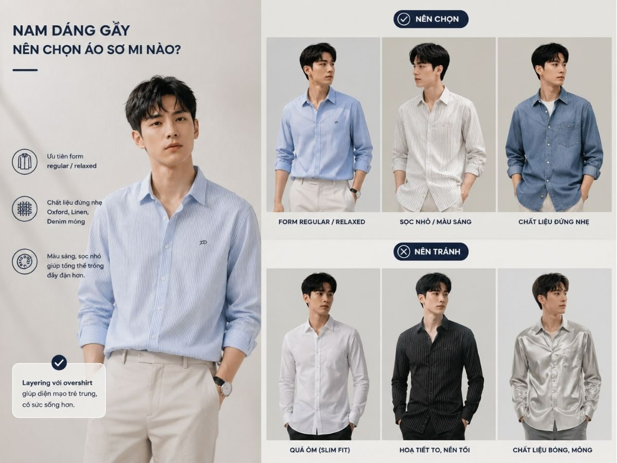 Chọn áo sơ mi cho nam dáng gầy