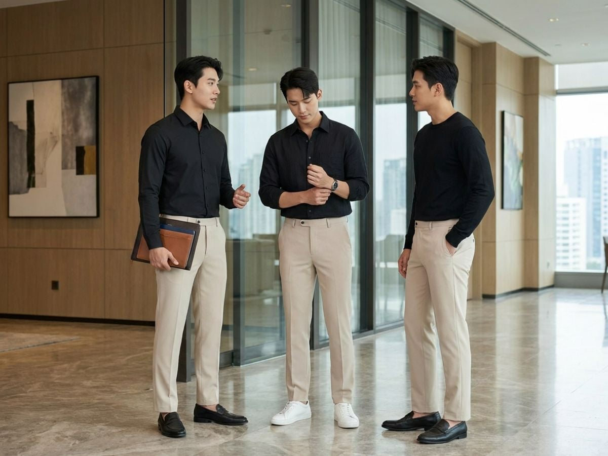 Sơ mi đen phối quần be, cân bằng và cuốn hút