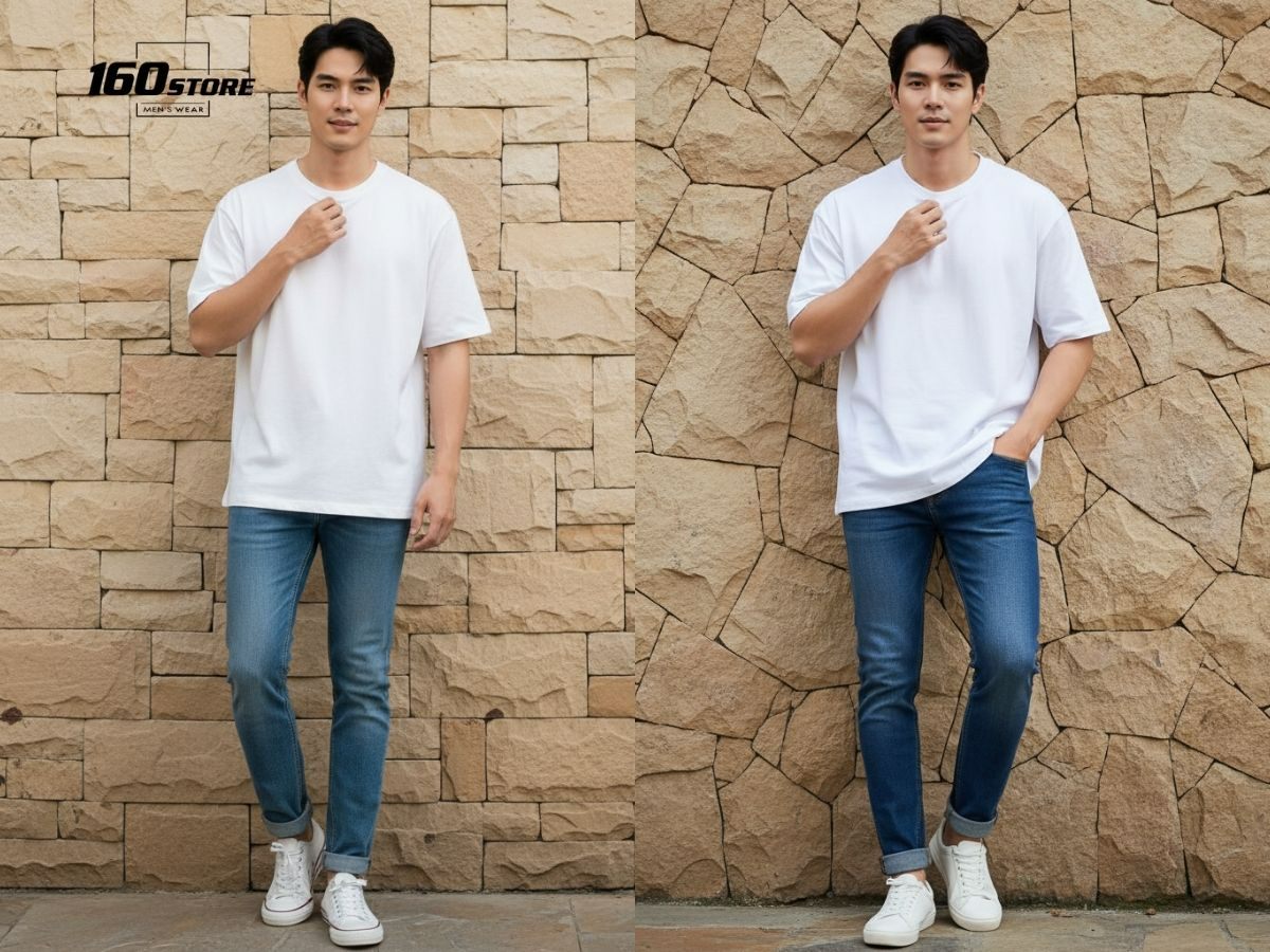 Phối đồ áo thun oversize với quần jeans ôm