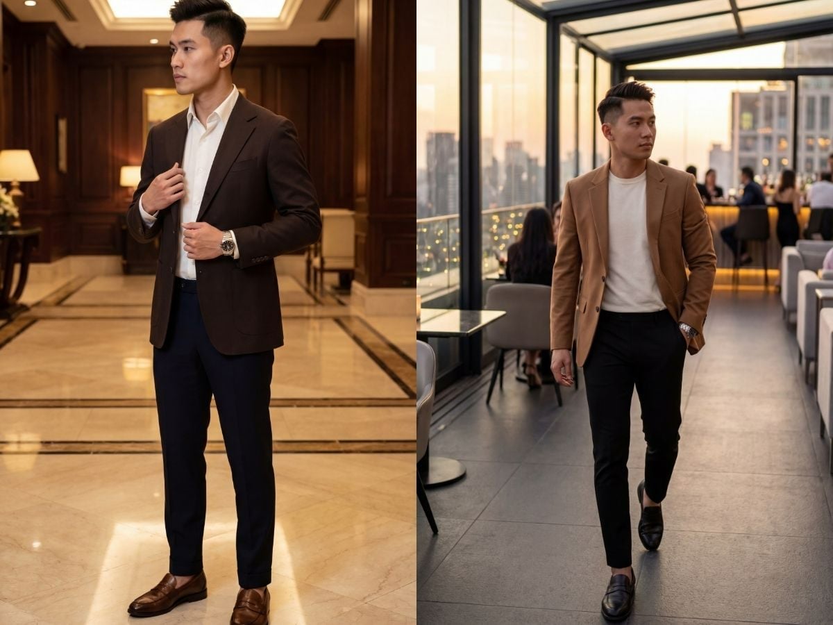 Dự tiệc sang trọng với blazer nâu và áo trong trắng ngà