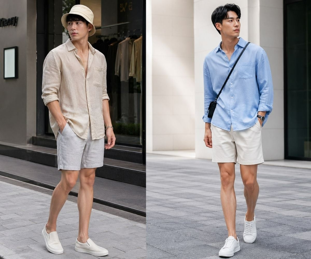 Sơ mi oversized cùng short linen phóng khoáng