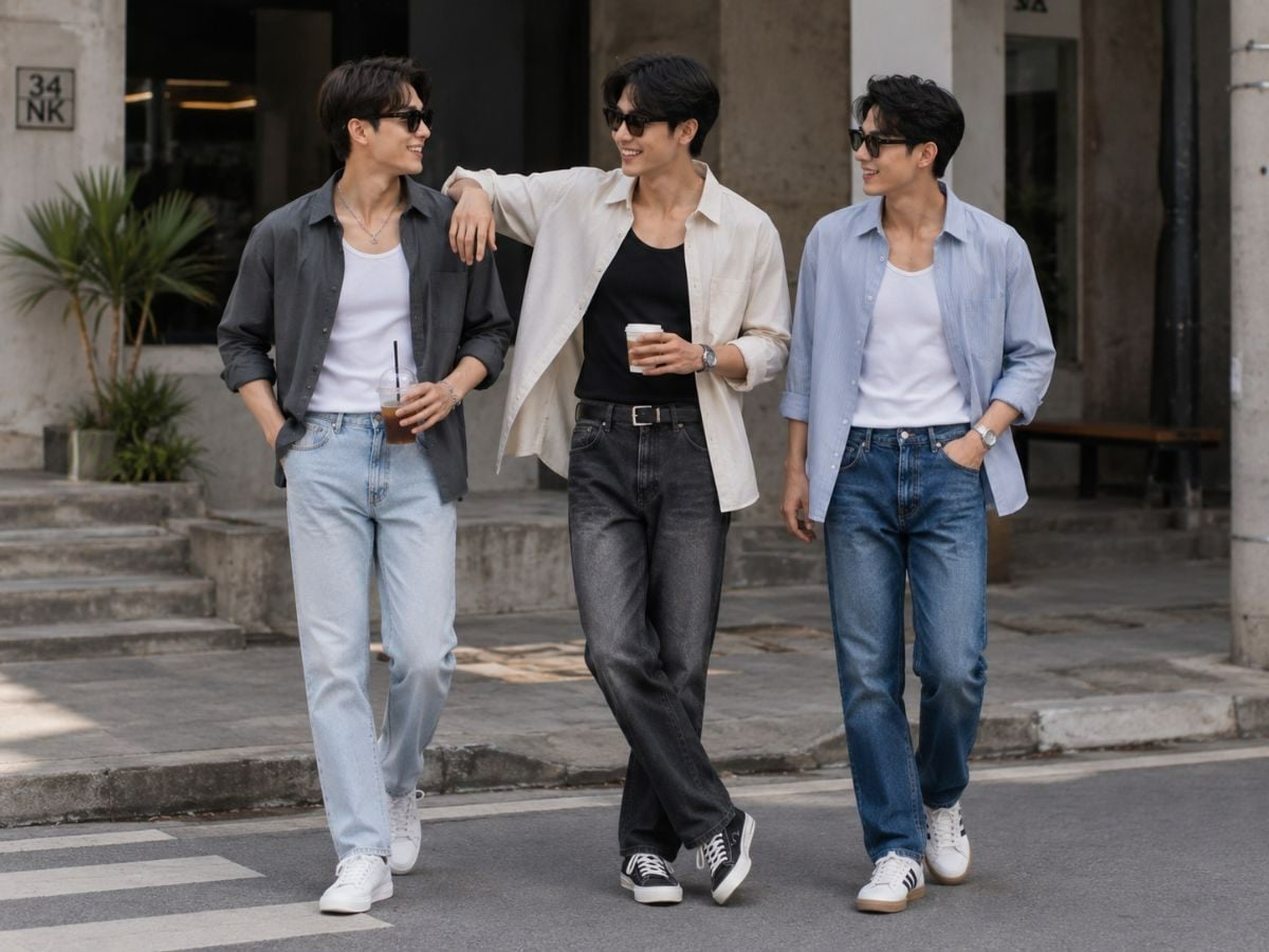 Outfit năng động với tank top, sơ mi và quần ống rộng