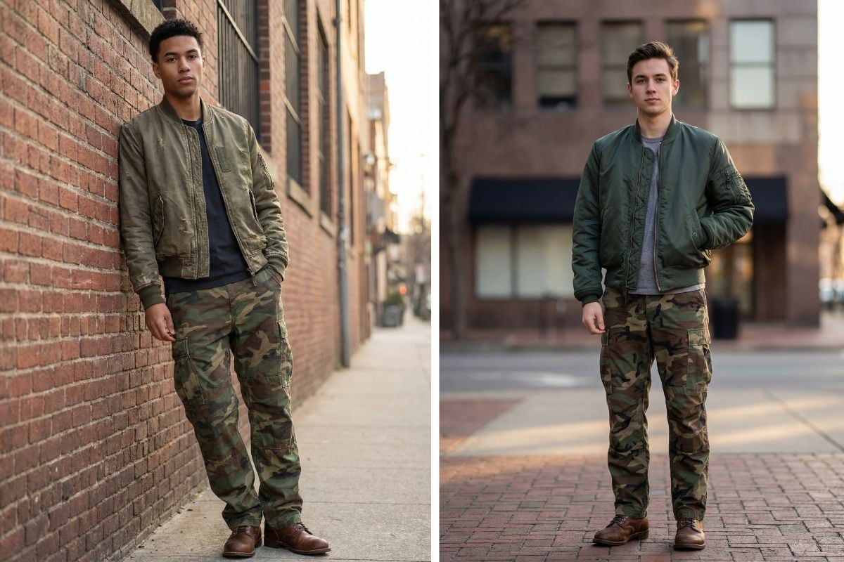 Sử dụng quần cargo có họa tiết rằn ri áo khoác bomber