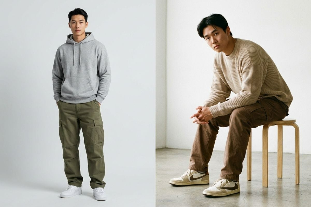 Outfit quần cargo túi hộp với áo hoodie hoặc sweater