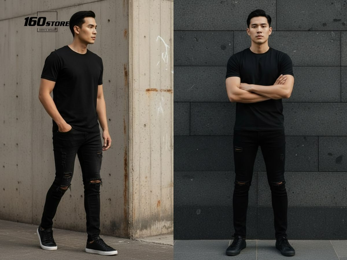 Phong cách đường phố với áo thun đen và quần jeans rách