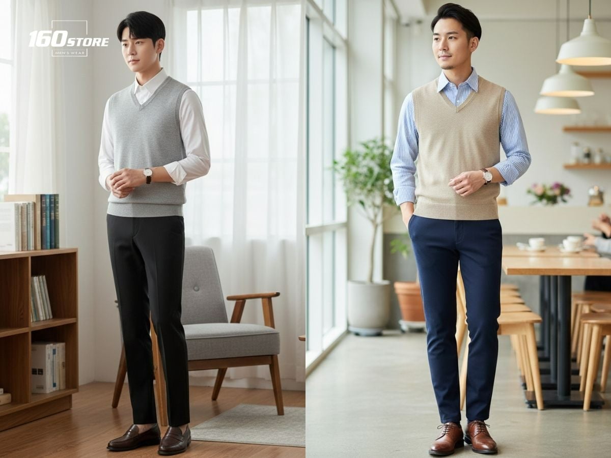 Phối áo sơ mi với áo len gile ấm áp nhưng vẫn lịch sự