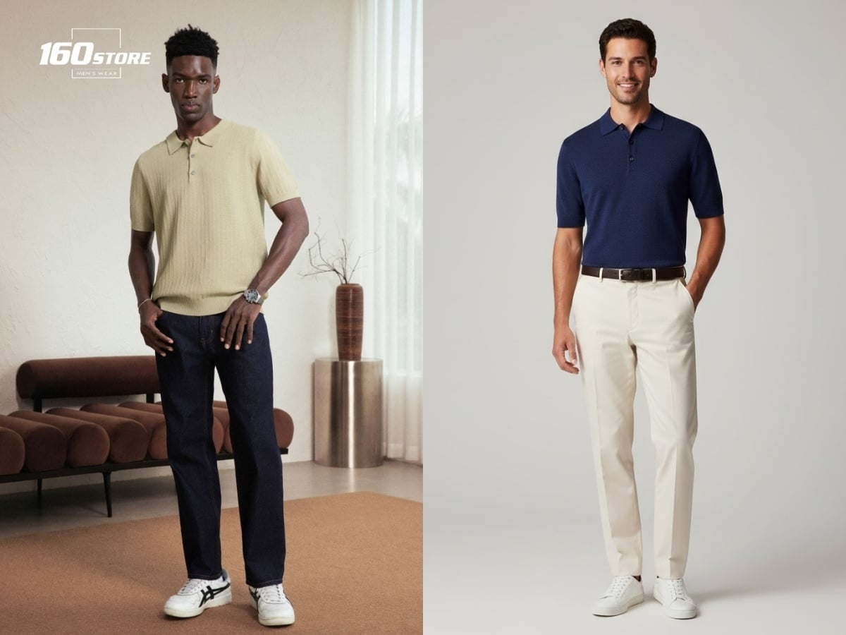 Áo polo dệt và quần dài dáng đứng mang lại cảm giác lịch sự mà vẫn thoải mái