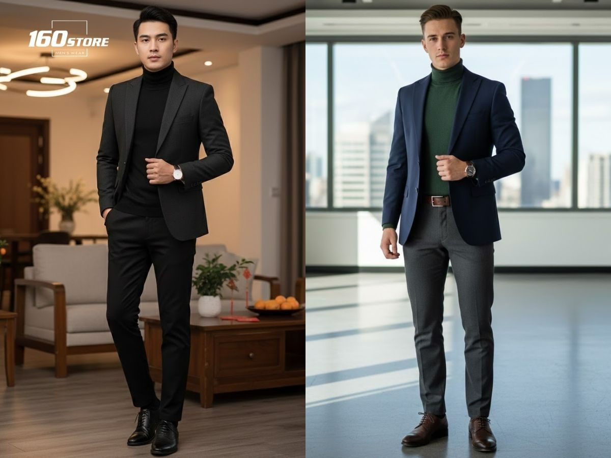 Áo len cổ lọ và blazer là bộ đôi giúp phái mạnh trông đĩnh đạc và hiện đại hơn